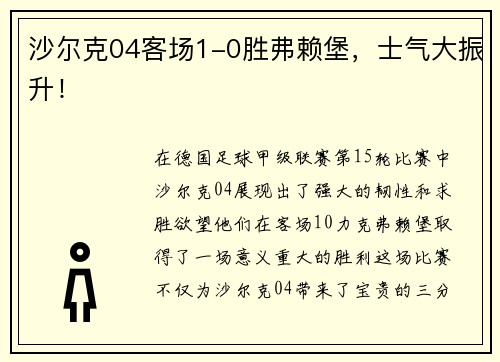 沙尔克04客场1-0胜弗赖堡，士气大振升！